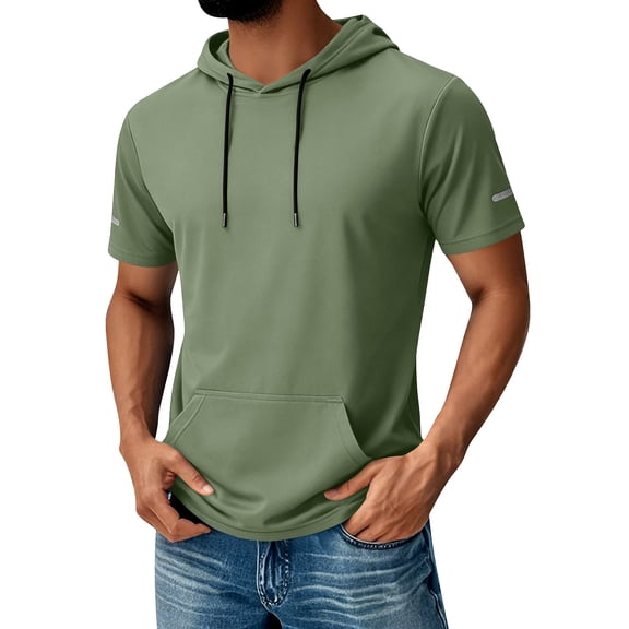 Men's Hooded Short Sleeve Top Quick Dry Casual Sports Athletic Shirt with Pocket Lightweight Breathable Performance Summer Workout Tee