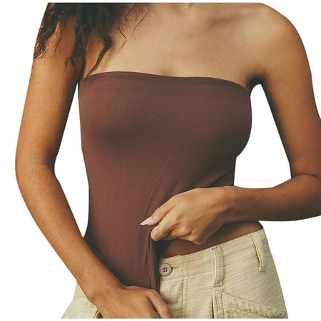 WCMZJ Medium Length Bandeau Bra Top For Women Basic Strapless Tube Tops Going Out Off Shoulder Crop Tank Solid Color Sleeveless Stretchy Slim Shirts