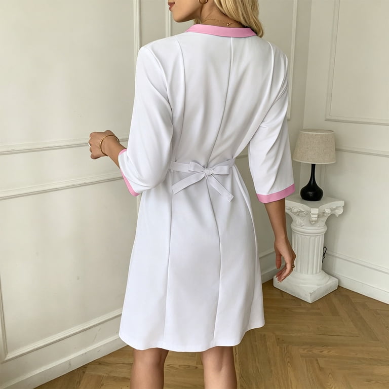 HAJWOH Scrubs Dress for Women Formal Long Sleeve Button Work Dress Stretchy Comfort Workwear Nursing Uniform Work Clothing