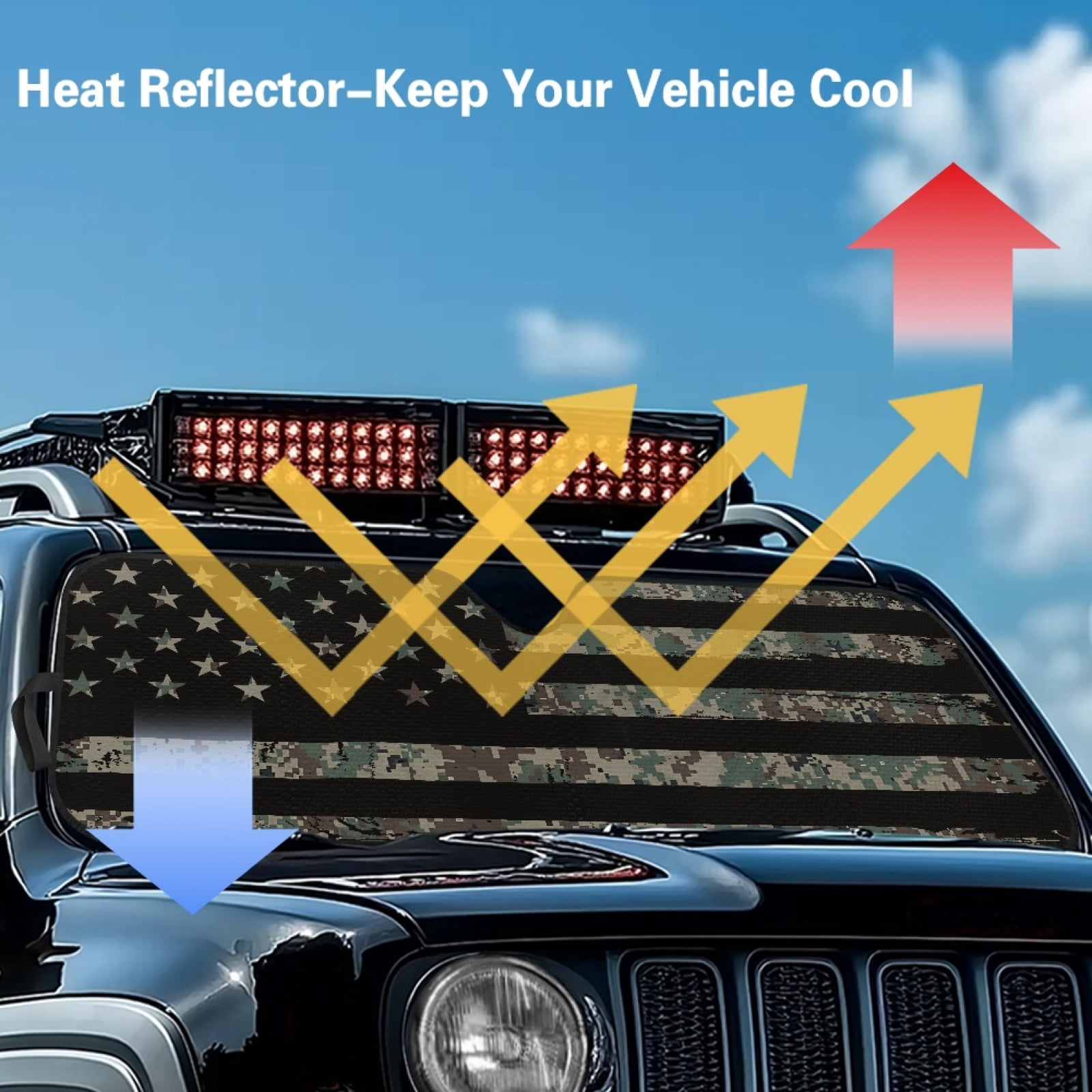 Jeiento Camouflage Flag Windshield Sun Shade for Jeep Wrangler TJ JK JKU JL JLU ,Aluminum Foil Film Car Winshied Sunshade,Effectively Blocking Heat and UV Rays