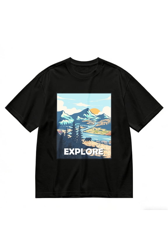 Men's T-Shirt Mountain Landscape With Bear And River Comfortable And Versatile Outdoor Casual Short Sleeve
