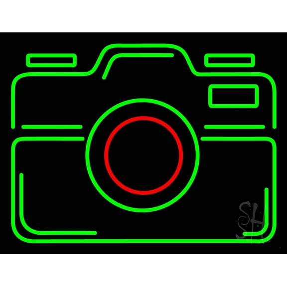 Black Camera Logo LED Neon Sign 15 x 19 - inches, Clear Edge Cut Acrylic Backing, with Dimmer - Bright and Premium built indoor LED Neon Sign for Computer & Electronics store decor.