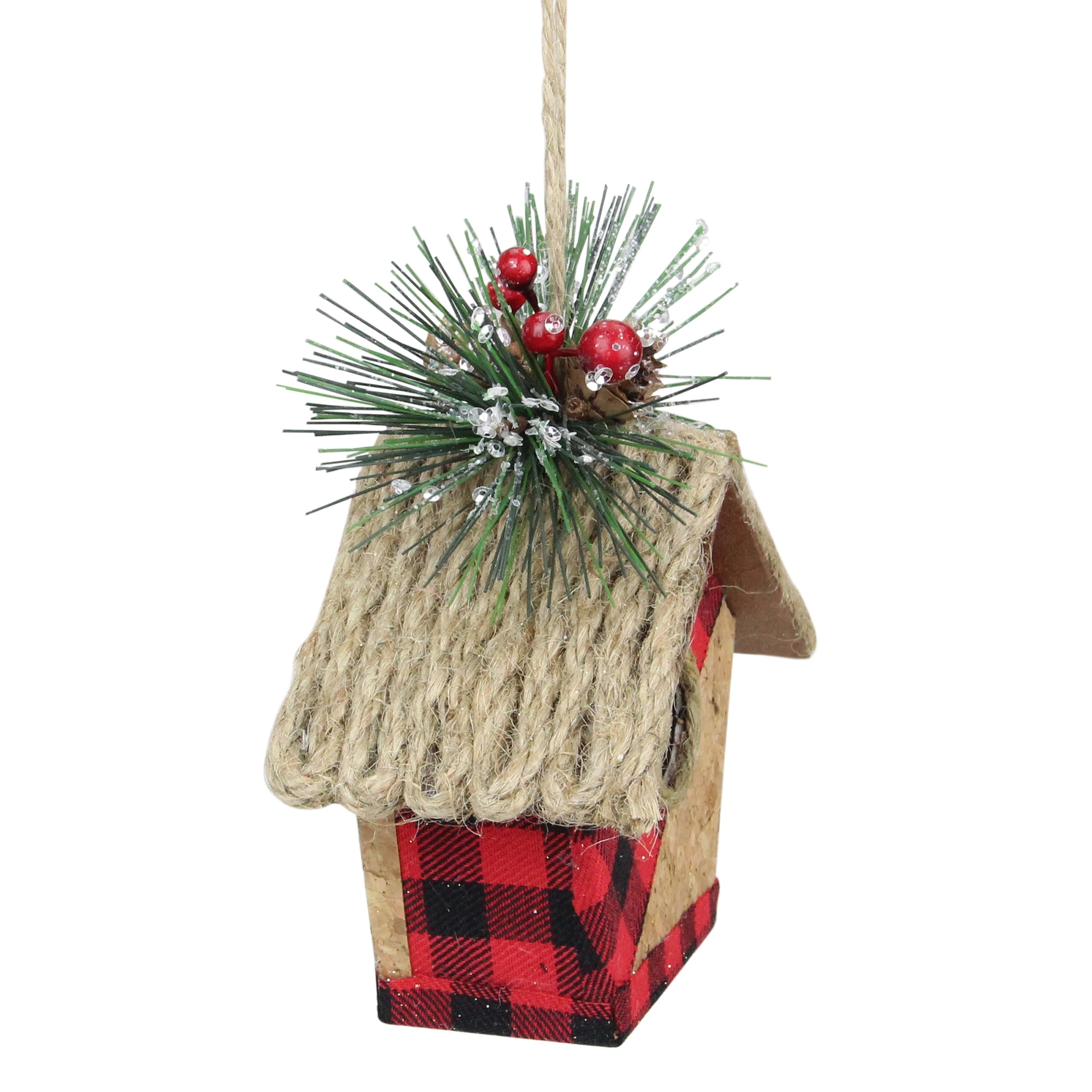 5.75" Red and Black Buffalo Plaid Hanging Bird Tree Christmas Ornament