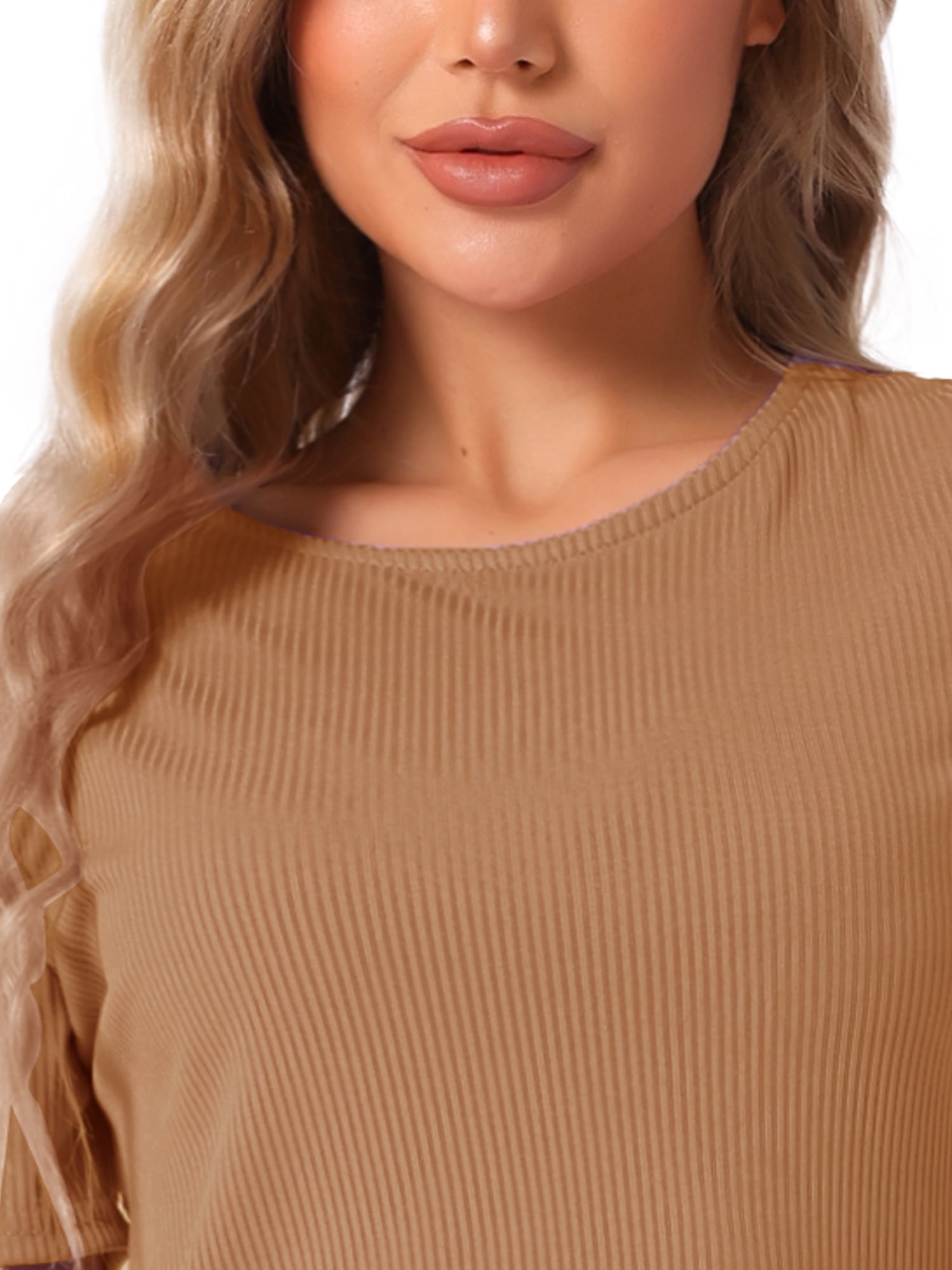 DARING DIVA Women's Rib Knit Short Sleeve Side Slits Pajama Sets M Camel