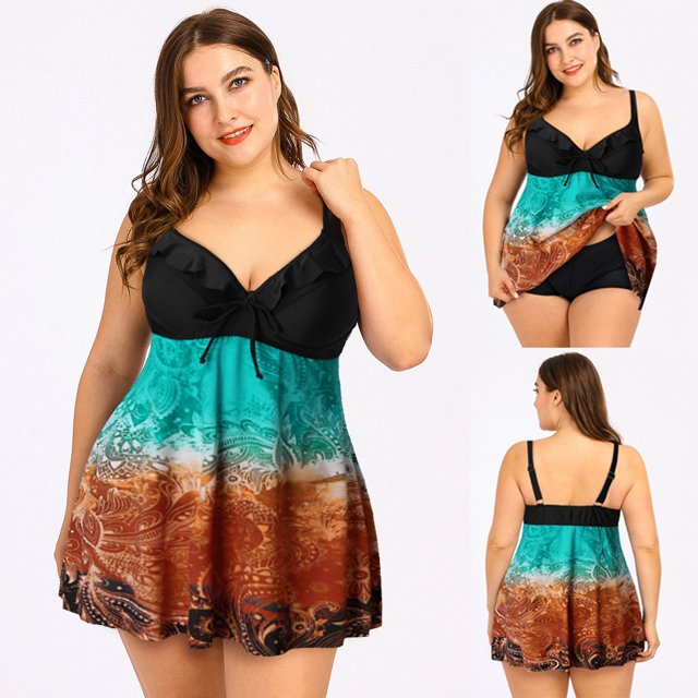 WREESH Women Vintage Print Ethnic Style Tankini Set Two Piece Swimsuit Plus Size