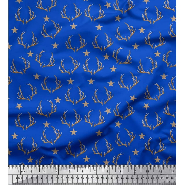 Soimoi Blue polyester Crepe Fabric Antler & Star Decor Fabric Printed Yard 42 Inch Wide