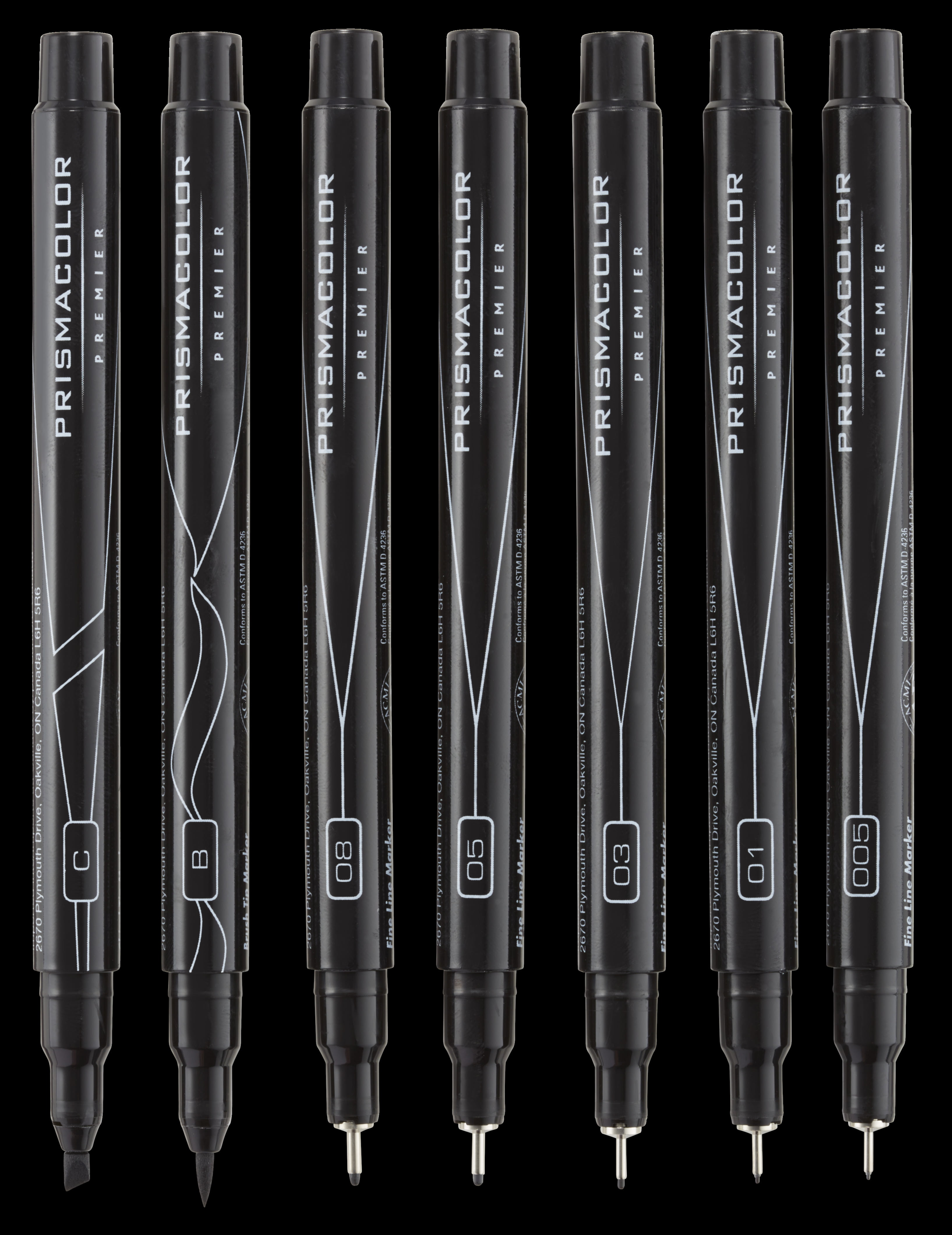 4 Prismacolor Premier Black Color Pens Markers Fine Tips 005, 05, Brush Tip  & Chisel Tip. Drawing, Blending, Shading, Rendering 