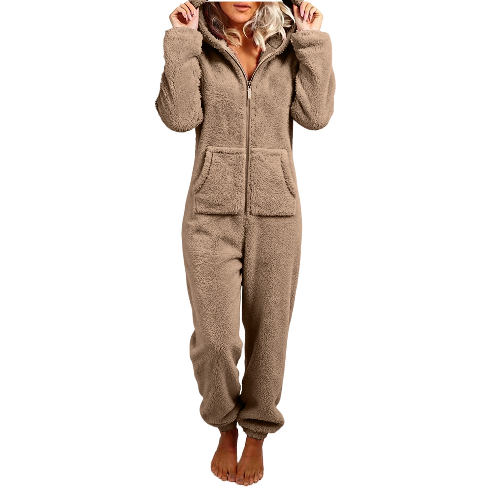 Xdegoge Womens Onesie Pajamas Plus Size Lounge Fleece Cute Hooded Zip Up Jumpsuit with Pockets Cozy Onesies Winter Sleepwear Long Sleeve One Piece Outfits