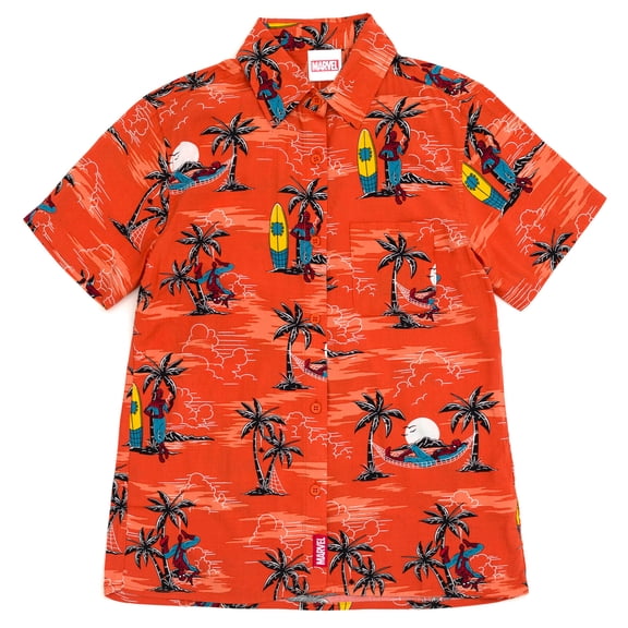 Marvel Spider-Man Women's Button Front Hawaiian Shirt Coral