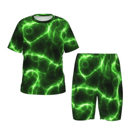 Luyuia Green Lightning Print Girls  2-Piece Tie-Dye Pajama Set  Cute Summer Loungewear with Shirt and Tank Shorts Nightwear-X-Large