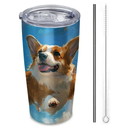 

happy Corgi dog flying in the sky Insulated Travel Tumbler 20 oz Car Cup with Reusable Straw & Brush Hot & Cold Beverage Cup for Office/Outdoor