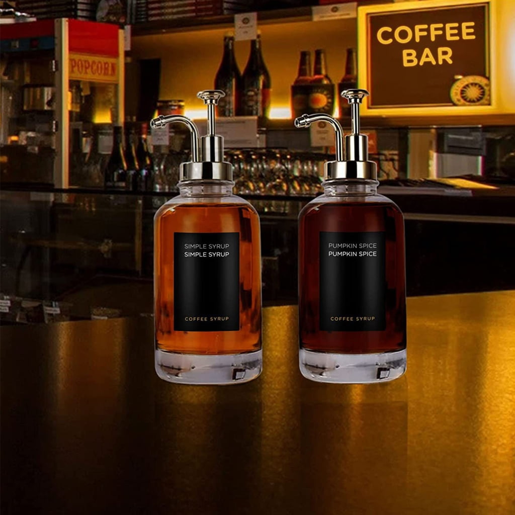Sardfxul Coffee Syrup Dispenser for Bar Coffee Pump Dispenser Glass Syrup Bottle Set of 2 Refillable Bottles for Condiment