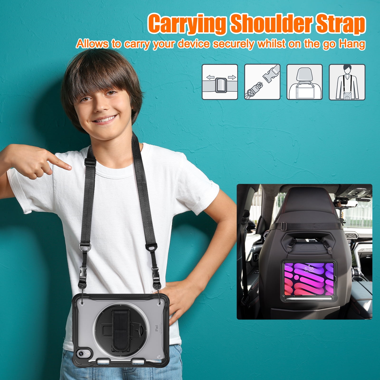 Shockproof Case for Apple iPad mini 6/7, iPad mini 6th 7th Gen Cover, 360 Rotating Stand Translucent Back Cover Shockproof Adjustable Shoulder Strap Kids Friendly with Pencil Holder, Black