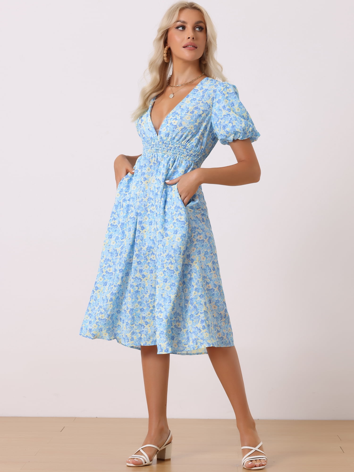 Unique Bargains Women's Floral V Neck Puff Sleeves Casual Smocked Waist Dress M Blue