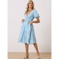 thumbnail image 2 of Unique Bargains Women's Floral V Neck Puff Sleeves Casual Smocked Waist Dress XS Blue, 2 of 6
