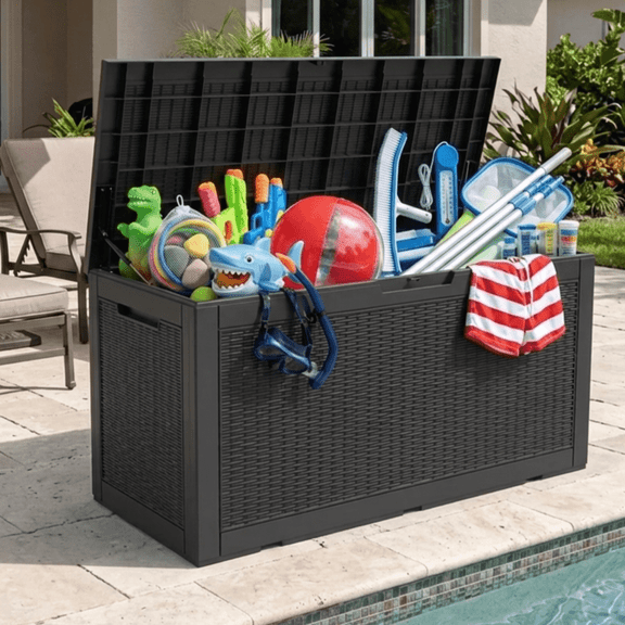 Decksplore Patio Casual 100 Gallon Lockable Resin Deck Box, Waterproof & Outdoor Storage Box for Outdoor Cushion Storage and Outdoor Delivery Storage, Stylish Outdoor Bench,black