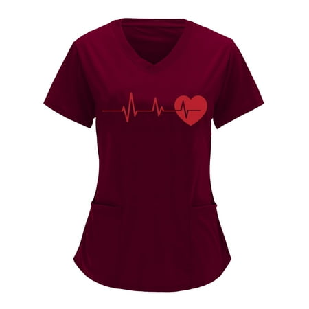 

Women Scrubs Top Nurses Clothing Workwear Working Uniform T-Shirt Printed Short Sleeve Leisure V-Neck Solid Color Shirts Blouse Tops With Pockets Top
