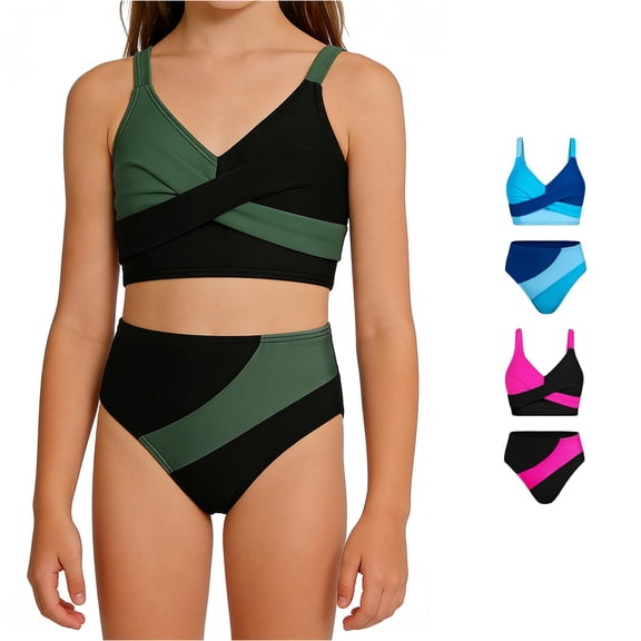 OSOLU High Waisted Bikini Set For Girls 2 Piece Swimsuits Twist Front Color Block Kids Teens Girl Bathing Suit 7-16Y Comfy Beachwear