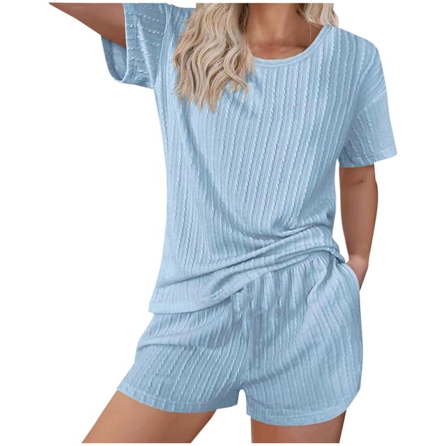 AherBiu Womens Pajama Sets Ribbed Short Sleeve T Shirts Pjs Set Elastic Waist Shorts Homewear Sleepwear