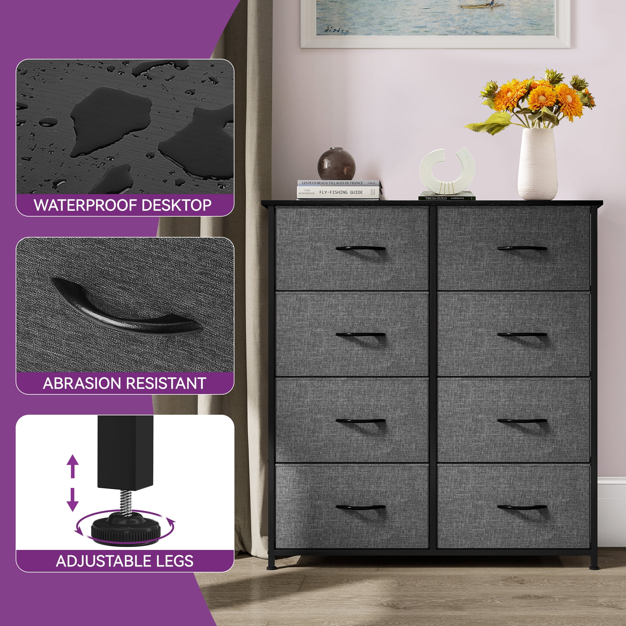 Dextrus 8 Drawers Bins Organizer Tower Dresser, Black Gray