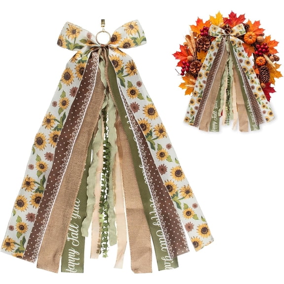 Fall Wreath Sash for Front Door, Thanksgiving Wreath Bow with Sunflower Ribbon, Happy Fall Y'all Burlap Streamers for Autumn Farmhouse Harvest Decor