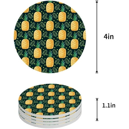 

KXMDXA Cartoon Pineapple Fruit and Leaves Set of 4 Round Coaster for Drinks Absorbent Ceramic Stone Coasters Cup Mat with Cork Base for Home Kitchen Room Coffee Table Bar Decor