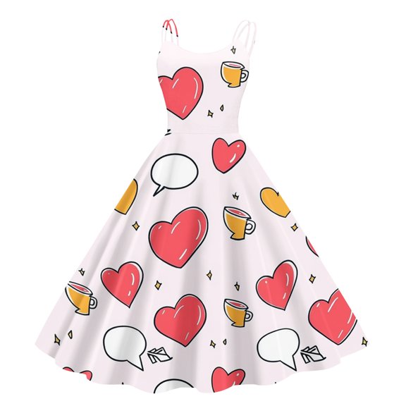 LWavelet 2026 Valentine's Brunch Outfit Must-Have Dress, Spaghetti Strap Heart Print Fitted Waist Flared Sundress Watermelon Red M