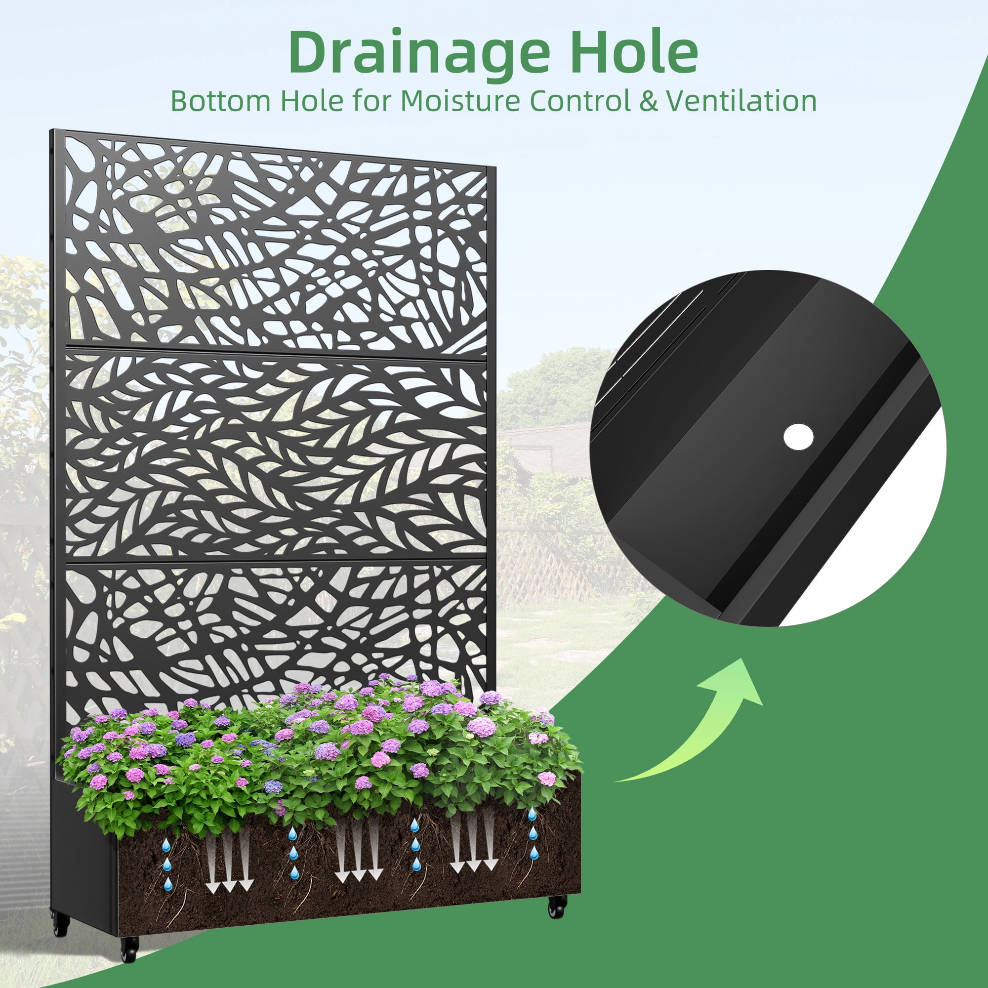 MAYEERTY 47*16*72" Outdoor Black Metal Planter Box with Trellis for Climbing Plants, Leafy & Vine Pattern Panel