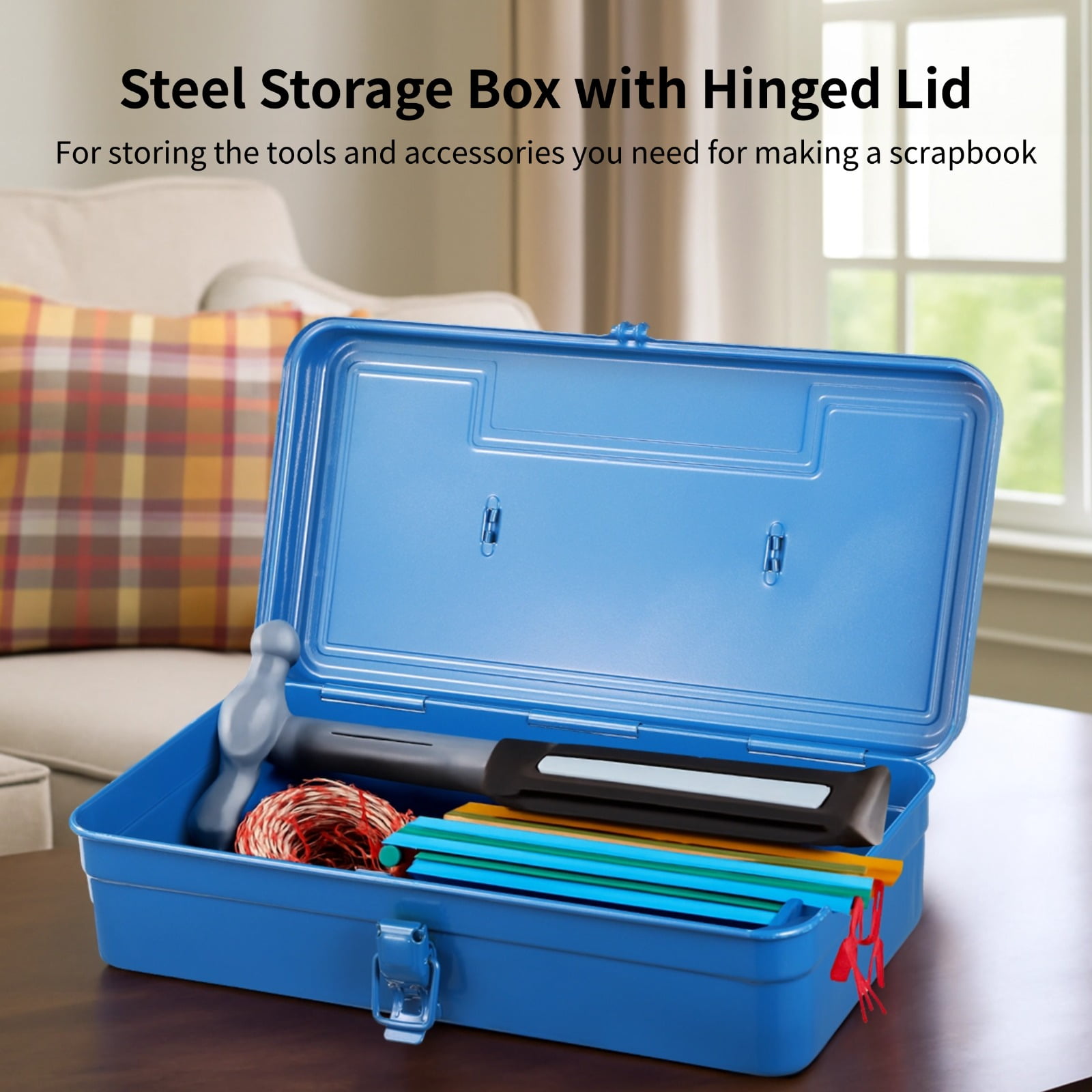 Steel Storage Box with Hinged Lid, Rectangular Blue Empty Hinged Metal Tool Box, Metal Organizer with Secure Buckle for Scrapbook Stamps, Stationery, Sewing Supplies, Hand Tools