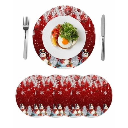Red Christmas Round Table Placemats set of 4 Snowman Xmas Balls Snowflakes Pine Branch Washable Woven Place Mats for Dining Tables Kitchen Party Decor Heat Proof 15in