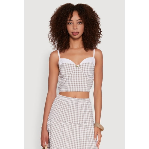 Womens Gingham Smocked Back Bustier Top