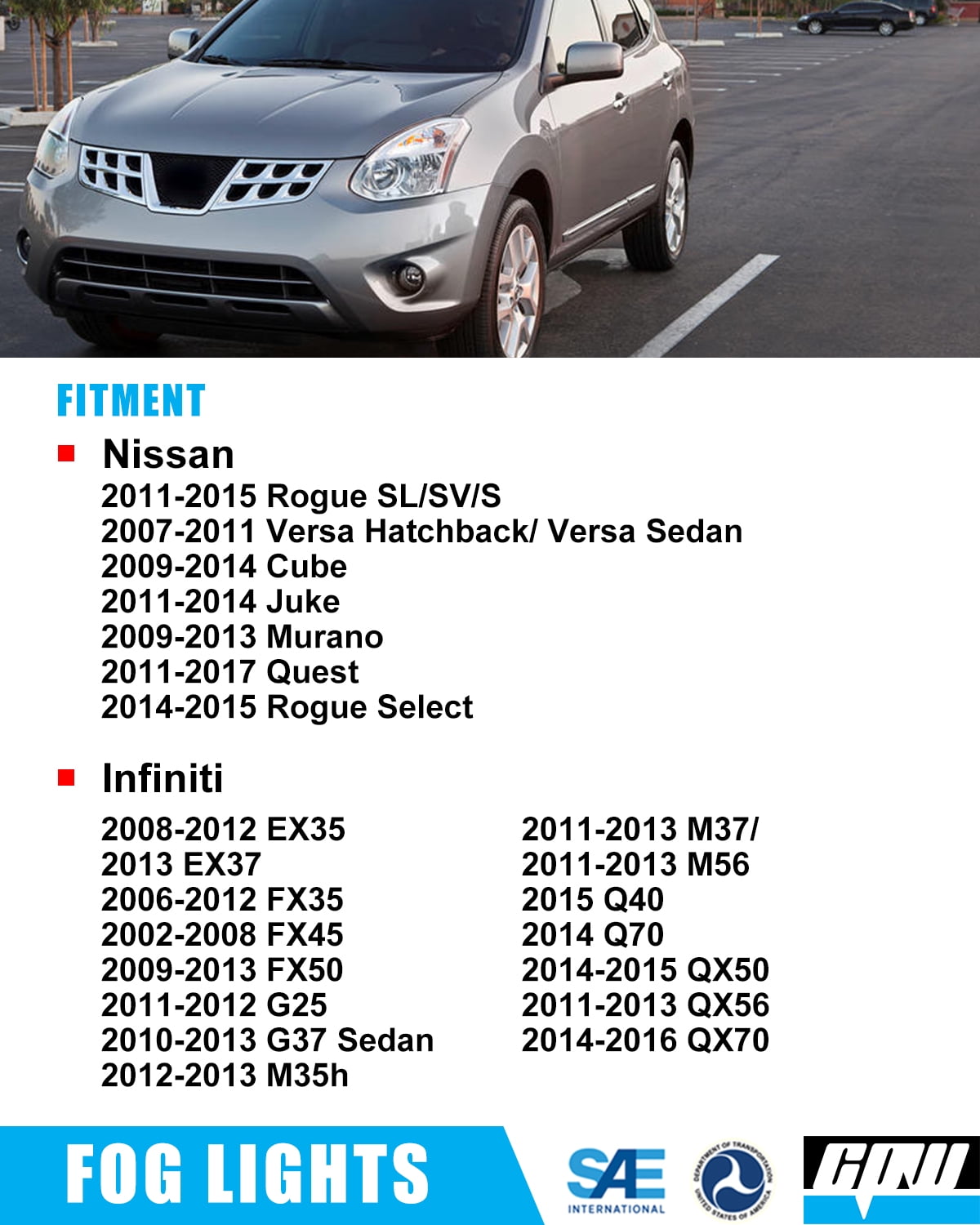 Fog Lights Driving Assembly for 2011-2015 Nissan Rogue Select / 2008-2015 Infiniti EX35/EX37/QX50/G25/G37/Q60 Sedan Coupe/M37/M56/Q70 /2009-2015 Nissan Cube/Juke/Murano/Quest/Versa/Note (E11)