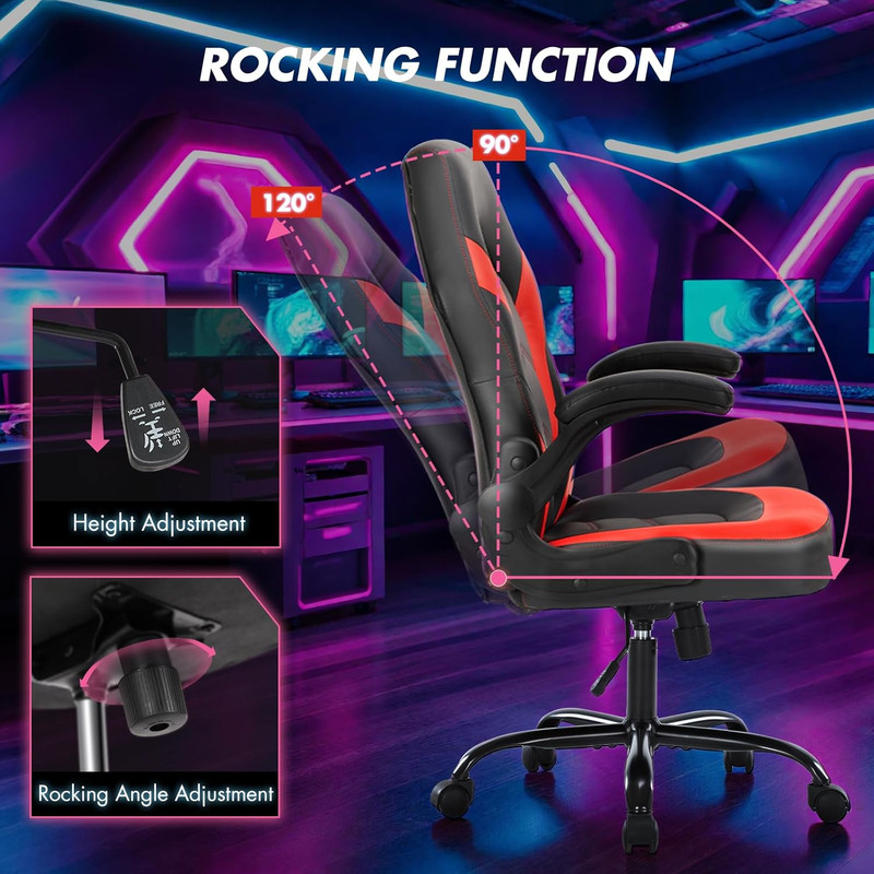 Beddle Gaming Office Chair, Ergonomic PU Leather High Back Swivel Computer Desk Chair with Flip-up Arms, Lumbar Support, Black Red