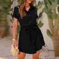 thumbnail image 6 of asdoklhq Navy Blue Dress for Women Casual Summer Shirt Dress Collared Neck Short Sleeve Belted Pocket Dresses Black XL, 6 of 7