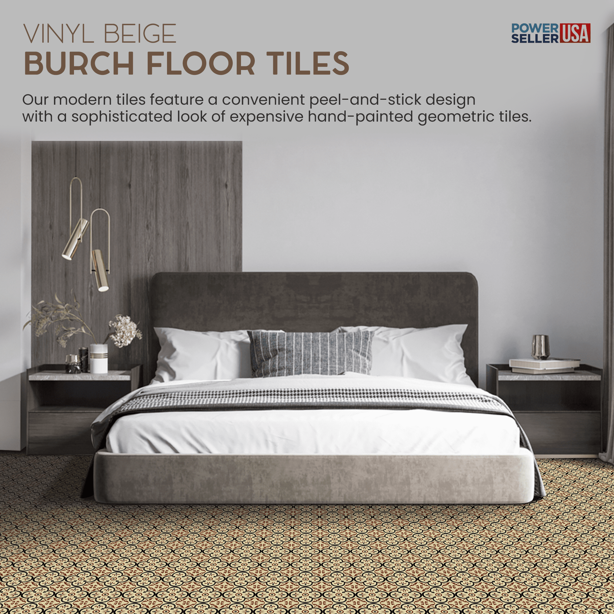 PowerSellerUSA Self-Stick Vinyl Modern Geometric Floor Tiles Ultra Durable 1.5mm Thick Tiles, 5-Pack/100 Square Ft., 12" x 12", Beige Burch