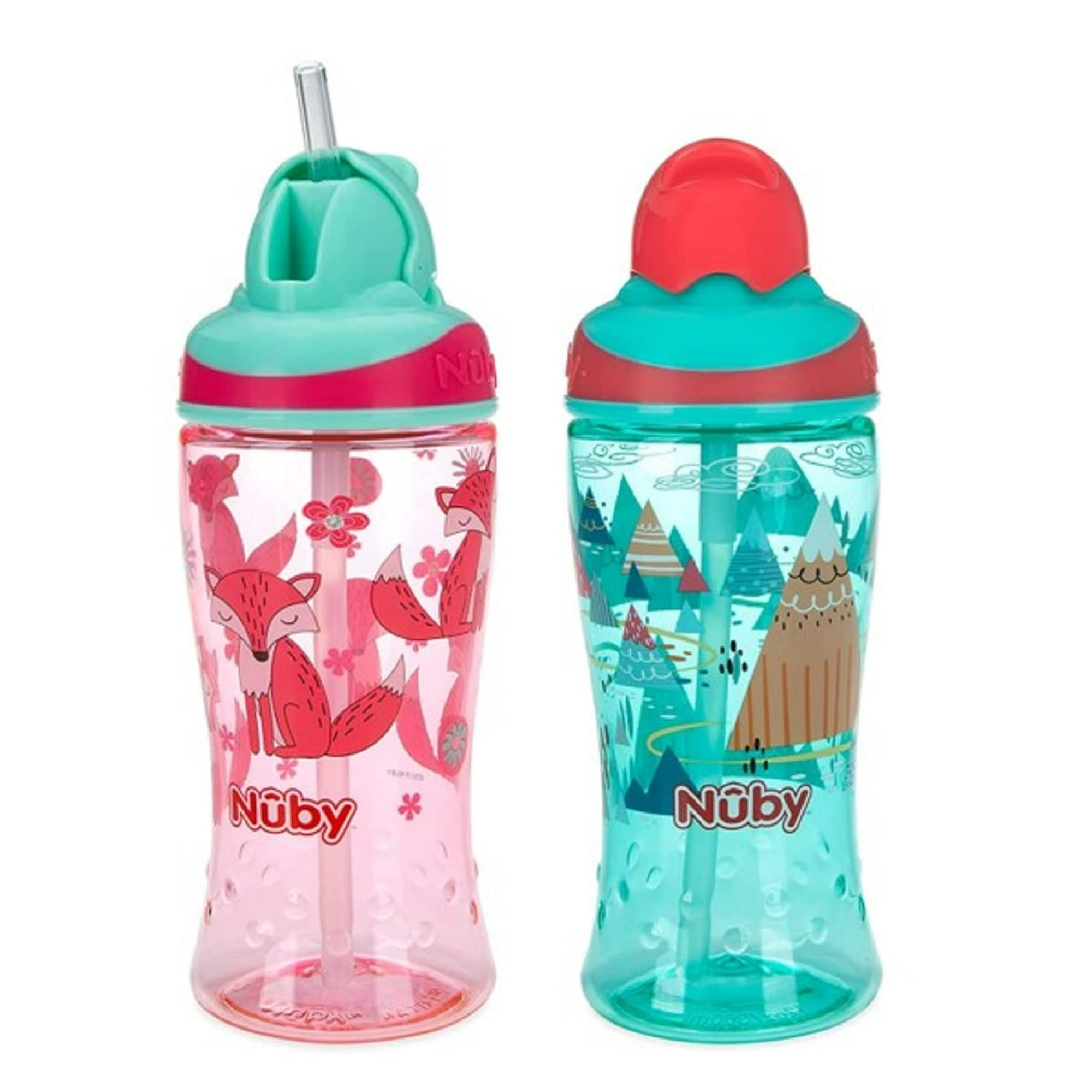Nuby Thirsty Kids No-Spill Flip-it Printed Boost Cup with Thin Soft Straw - 12oz, 18+ Months, Pack of 2