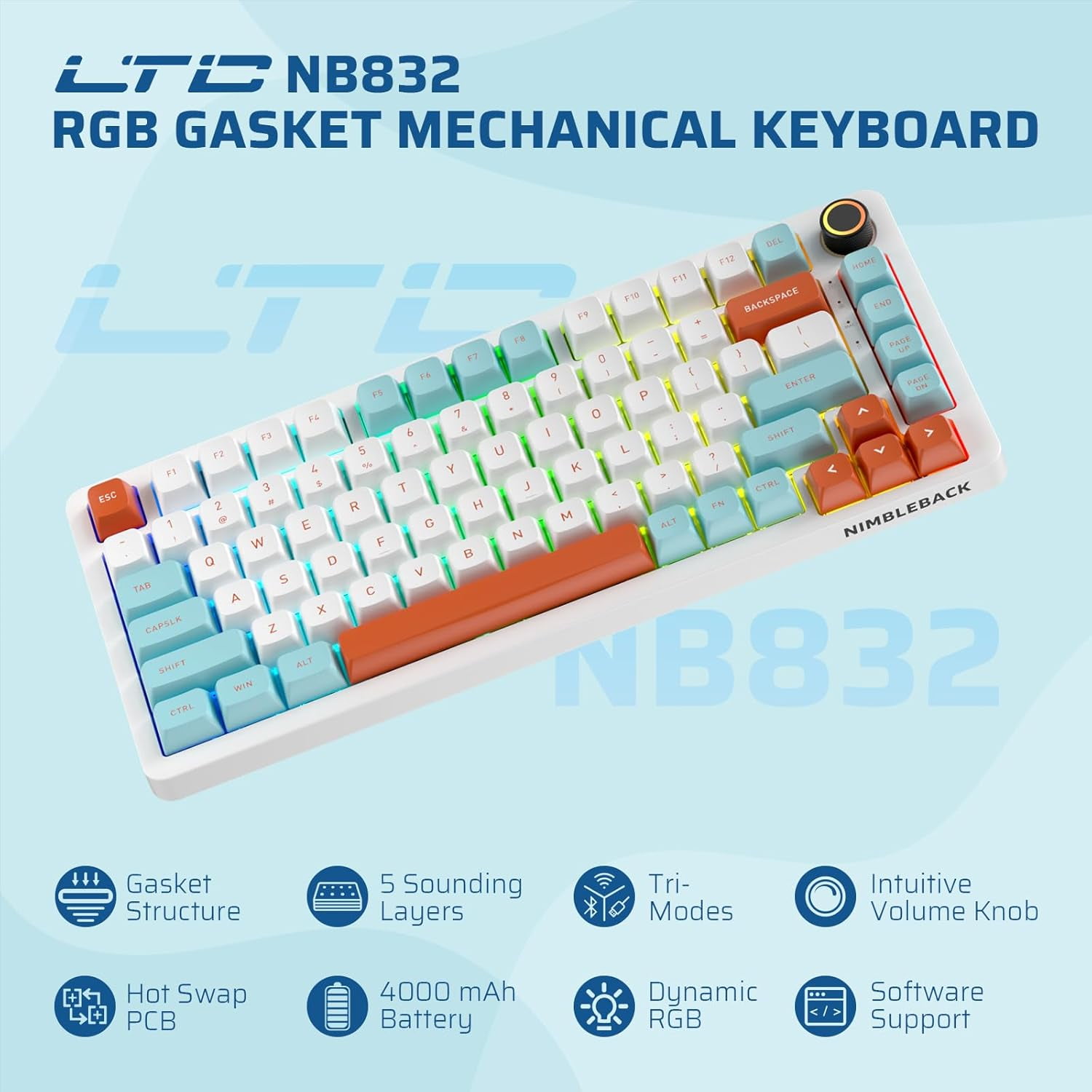 LTC NIMBLEBACK NB832 WIRELESS 75% GASKET MECHANICAL KEYBOARD - WHITE BLUE RED