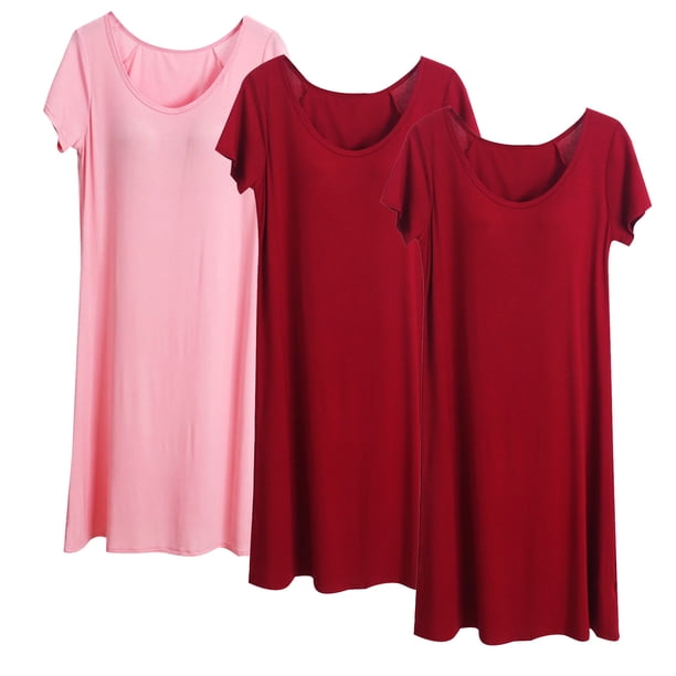 Camisón largo de 3 piezas para mujer, color liso, largo medio, manga corta, con copas acolchadas, para el hogar, modal