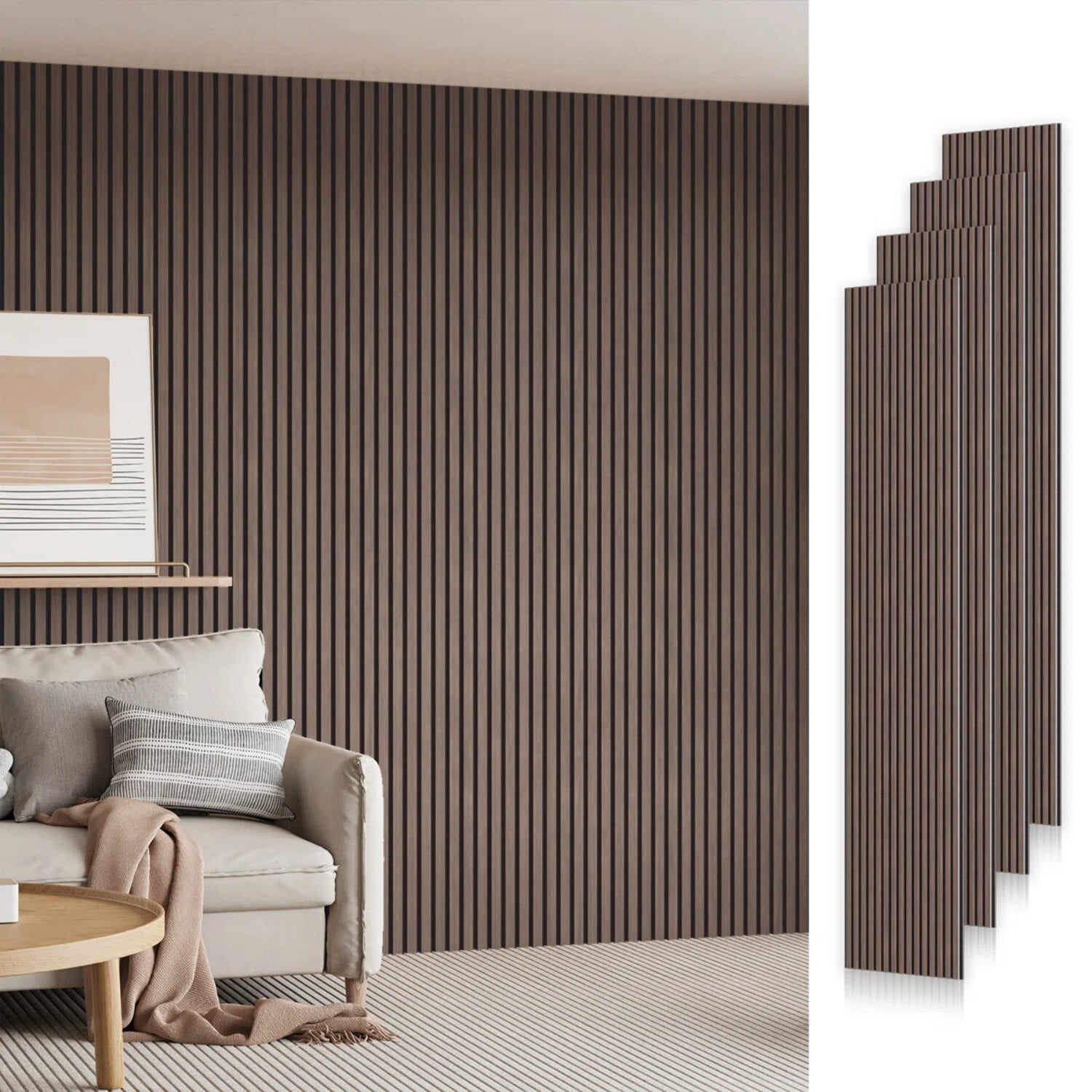 Easy4Home 4Pcs 106"x12.6" Soundproof Wood Slat Panels Acoustic Wall and Ceiling Panels, Dark Walnut