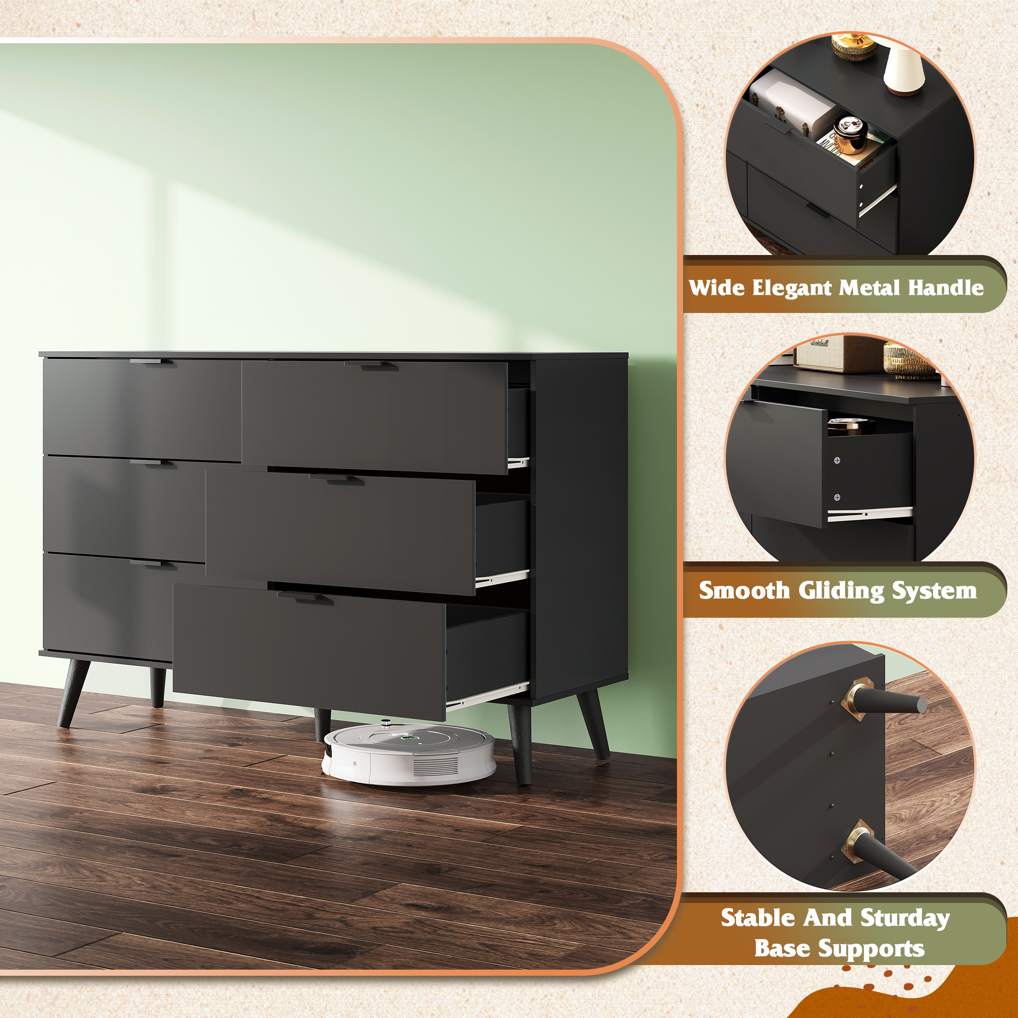GALAXHERO 6 Drawer Wood Dresser, 47.2" Wide Chest of Drawer with Metal Handles, TV Stand for 55" TV, Double Dresser for Bedroom, Living Room, Hallway, Closet, Black