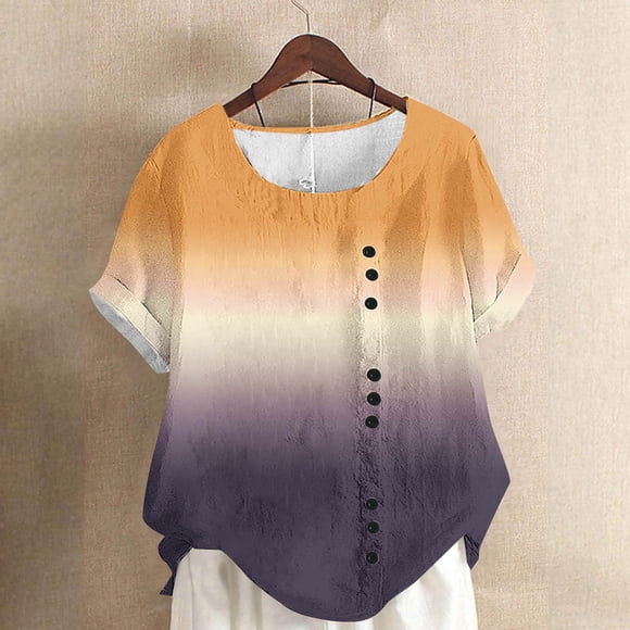 RKSTN Tops for Teachers Women Fashion Casual Linen Tops Printed Short Sleeve Button T-Shirt Blouse School Outfits for Teachers