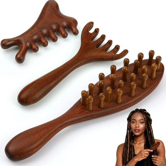 3 Pack Wooden Scalp Massager Tool Loc Combs,Long Handle Head Massage Scalp Loc Brush for Dreads,Multifunctional Hair Massager Tool for Men & Women
