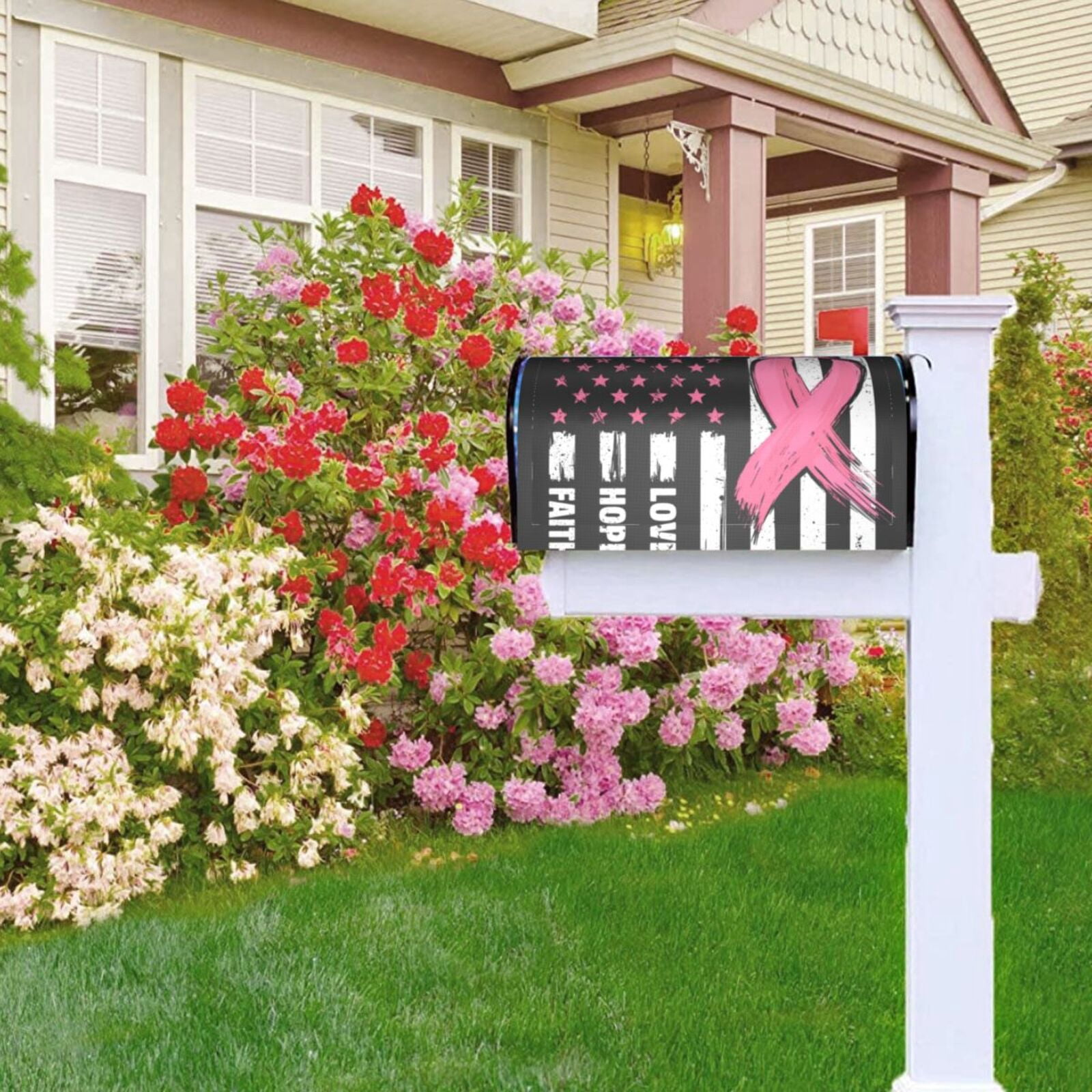 Vsdgher Ribbon Breast Cancer Awareness Mailbox Cover Magnetic Mailbox Wraps Post Letter Box Cover for Garden Yard Home Decor 2 Sizes-25.5x21 in