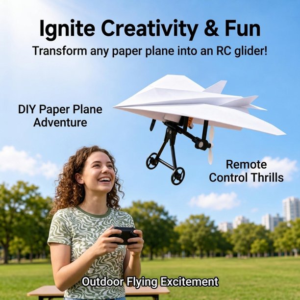 Kit avión papel RC, avión eléctrico con control remoto para exteriores, creativo, con estabilizador giroscópico y hélices para niños y niñas. Alimentación única