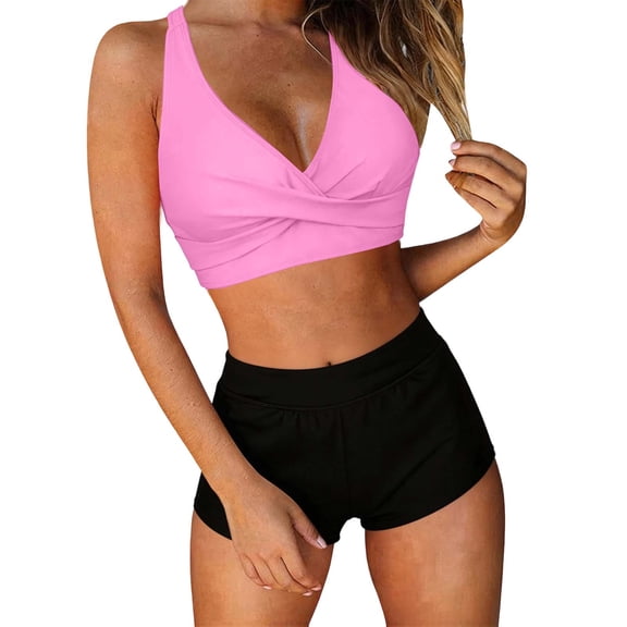 PWPSG Crisscross Twist High Waisted Shorts Two Piece Swimsuit Waist Cinching Shaping for Poolside Wear Pink L
