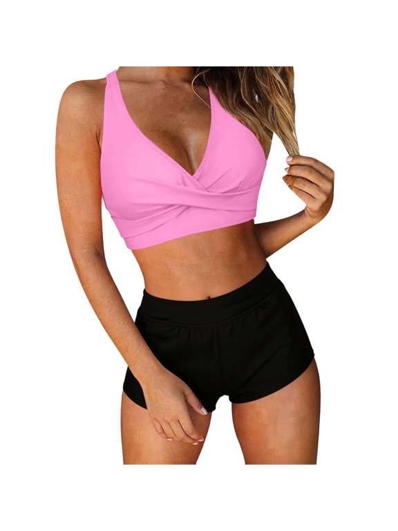Crisscross Twist High Waisted Shorts Two Piece Swimsuit Waist Cinching Shaping for Poolside Wear Pink L