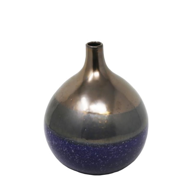 Benzara BM190258 Ceramic Sleek Neck Vase with Open Mouth & Round Bottom - Blue & Copper - Small