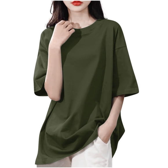 Women Cotton Oversized T-Shirts Drop Shoulder Short Sleeve T Shirts Crew Neck Loose Summer Pullover Army Green, L