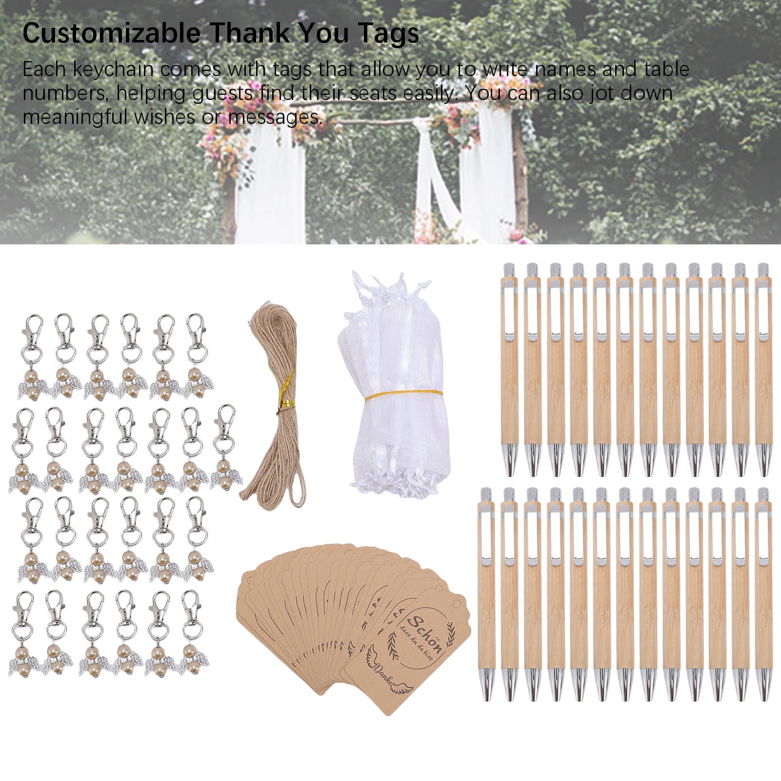Riousery 101-Piece Wedding Party Favors Set, Includes 25 Bamboo Ballpoint Pens, 25 Angel Keychains, 25 Organza Bags, 25 Hang Tags & Jute Rope, Rustic Bridal Shower Baptism Guest Gifts (9.45 inches)