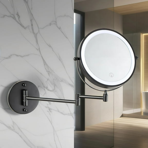 Wall Mounted Makeup Mirror with LED Lights, 8-Inch Double-Sided Magnifying Mirror, Touch Control, Adjustable Light Temperature, 360° Rotatable, Hardwired, Space-Saving, Battery Powered